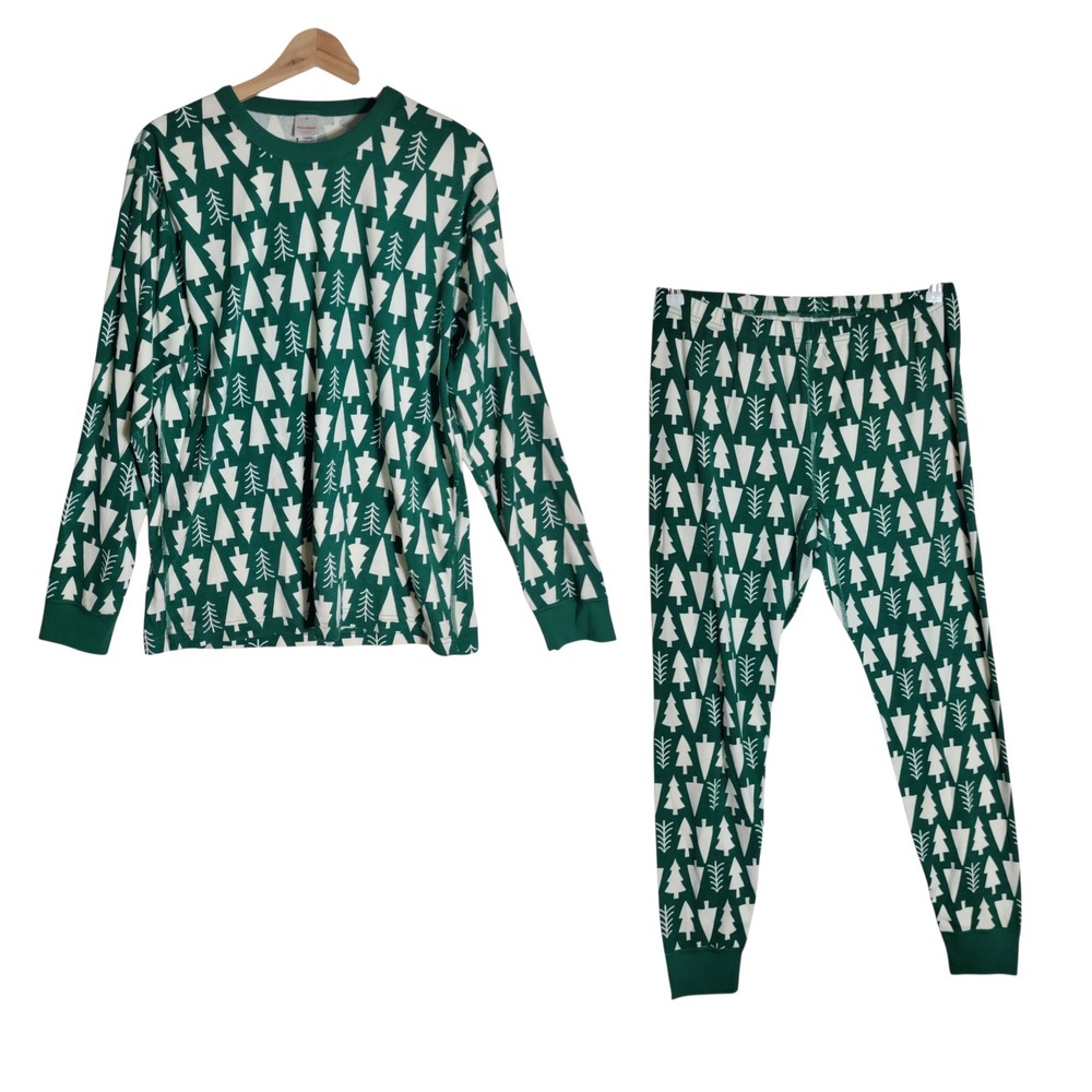 Hanna Andersson XL Organic Cotton Pajama Set Green White Tree Print Christmas